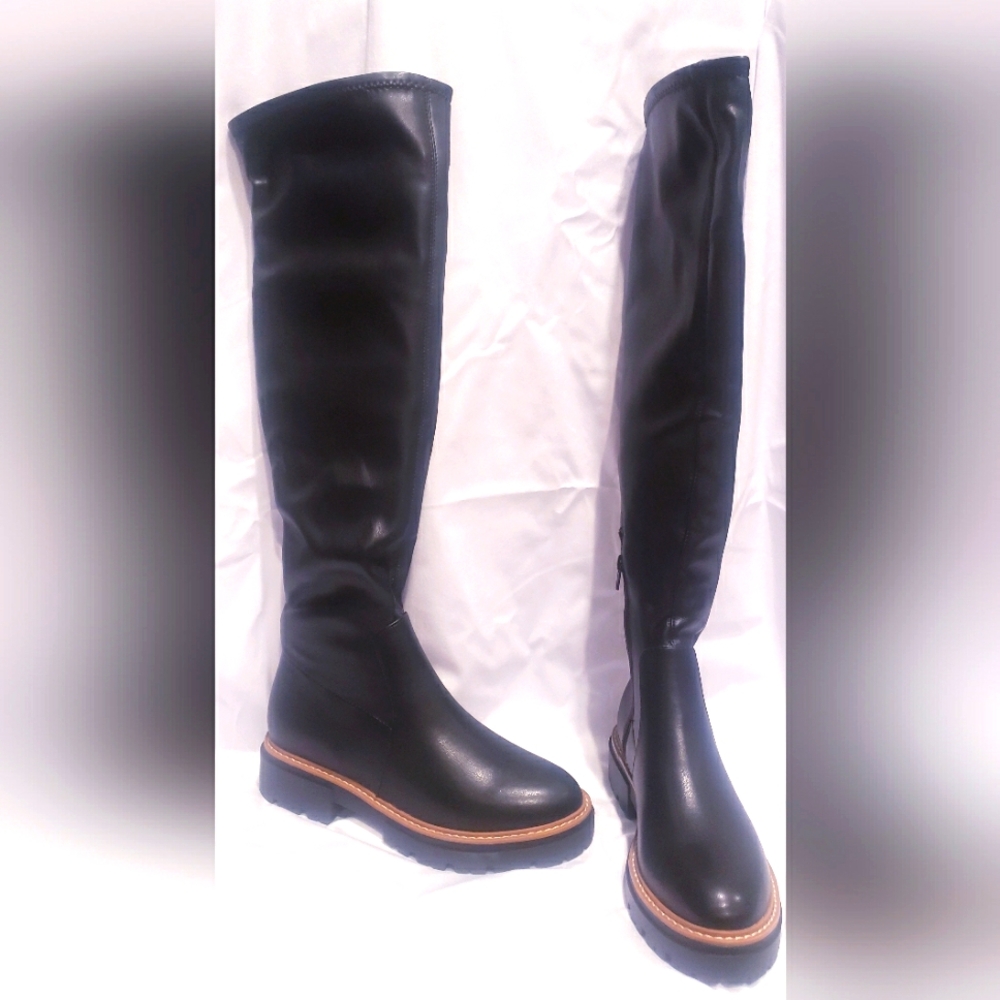 Black Knee High Boots, Size 8, Sun + Stone-- Man Made Materials